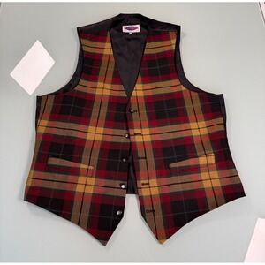 Vintage Get Shirty Mens L Tartan Plaid Vest Red Yellow Green tones Edinburgh